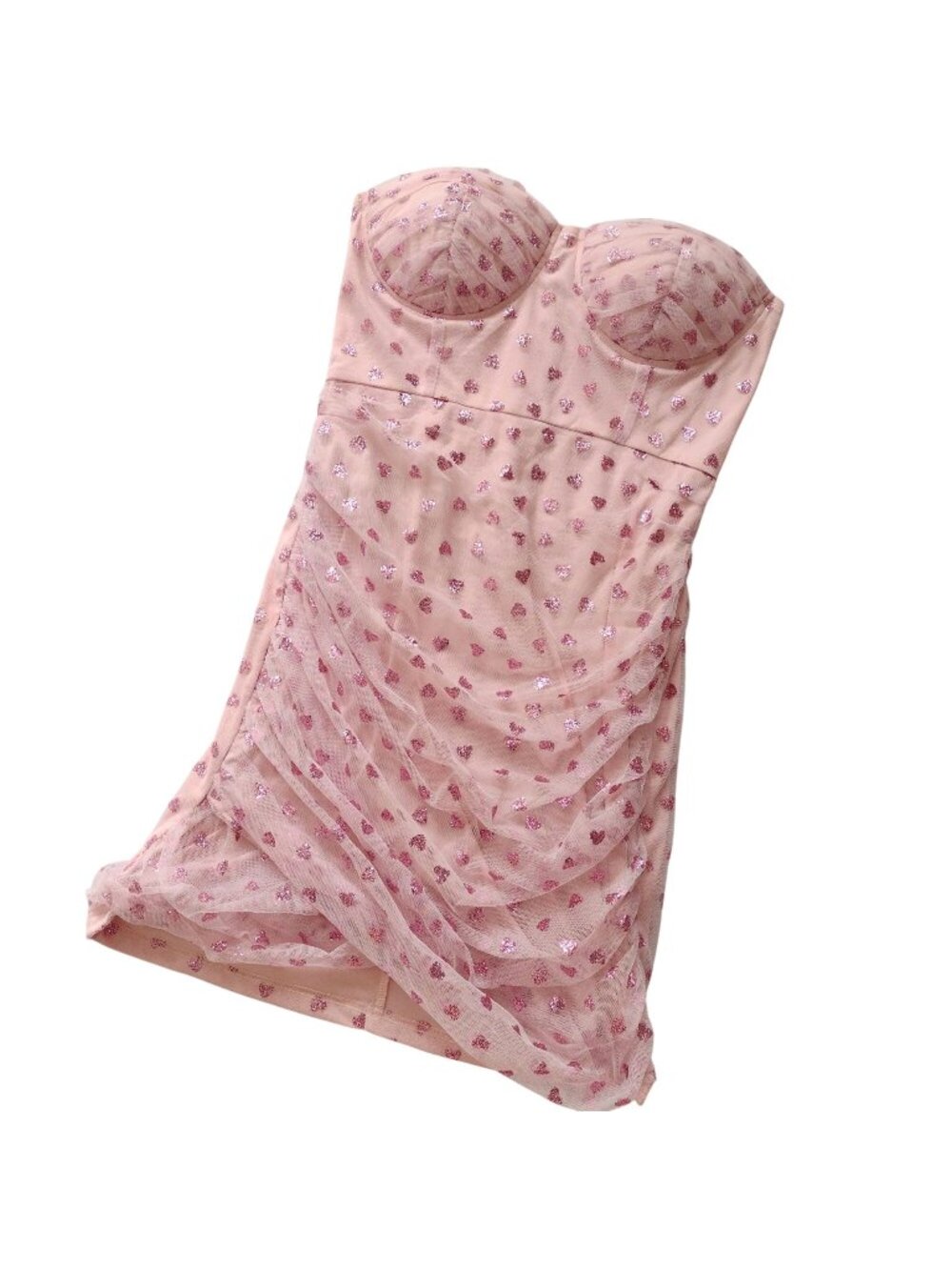Superdown Pink Glitter Heart Dress M Going Out Mesh Strapless Mini Runs Small